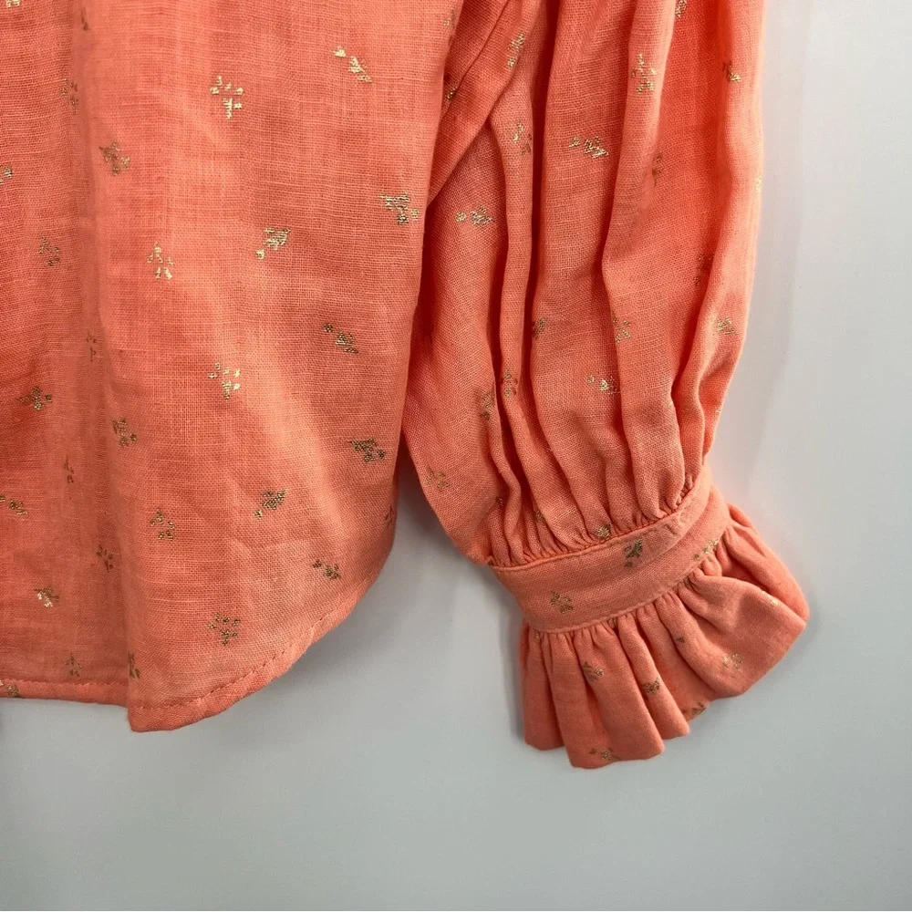 Delete Koch Phoebe Top Button Shirt Ruffle Collar Metallic Blouse Small - Picture 5 of 11